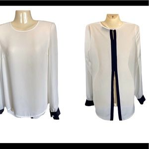 Blaque Label Sheer Blouse Back Button Open Slit Classic Chic Ivory Navy Trim XS